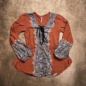 Free People Wildest Moments Lace Up Smock Top Peasant Blouse Cinch Waist Boho